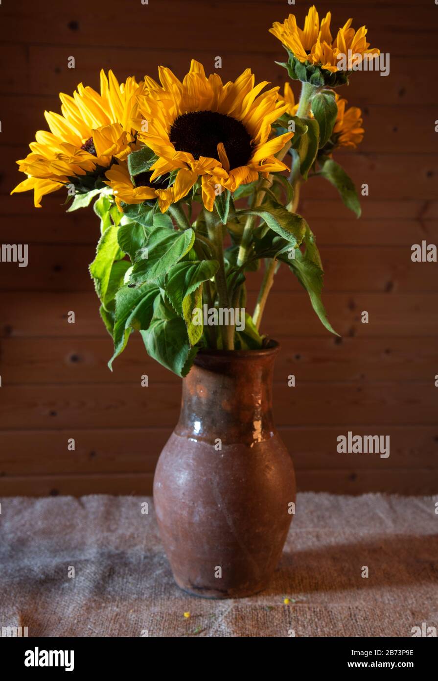 Un bouquet di girasoli in una caraffa di ceramica d'epoca Foto Stock