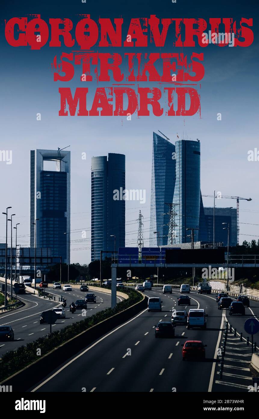 Atmosfera distopica nel centro di Madrid, Spagna sullo sfondo del messaggio di Coronavirus Covid-19 che colpisce la città come le automobili fuggono Foto Stock