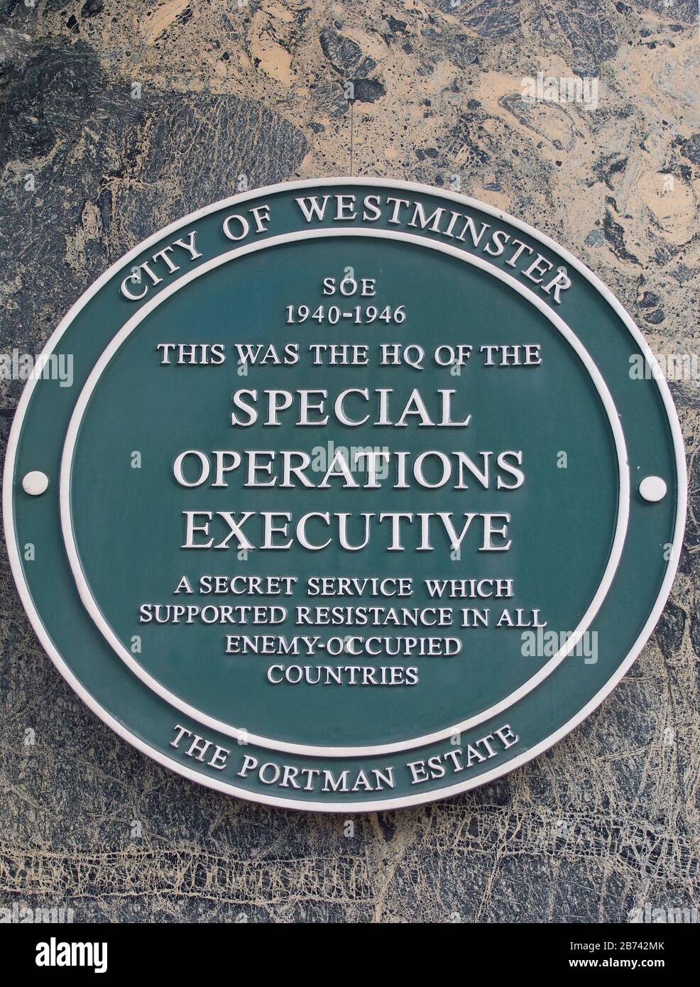 Inghilterra, Londra, Westminster, Green Plaque per la SOE HQ su Baker Street. Foto Stock