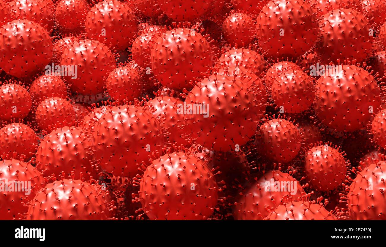 Sfondo di rendering 3D con COVID-19 rosso multiplo Foto Stock