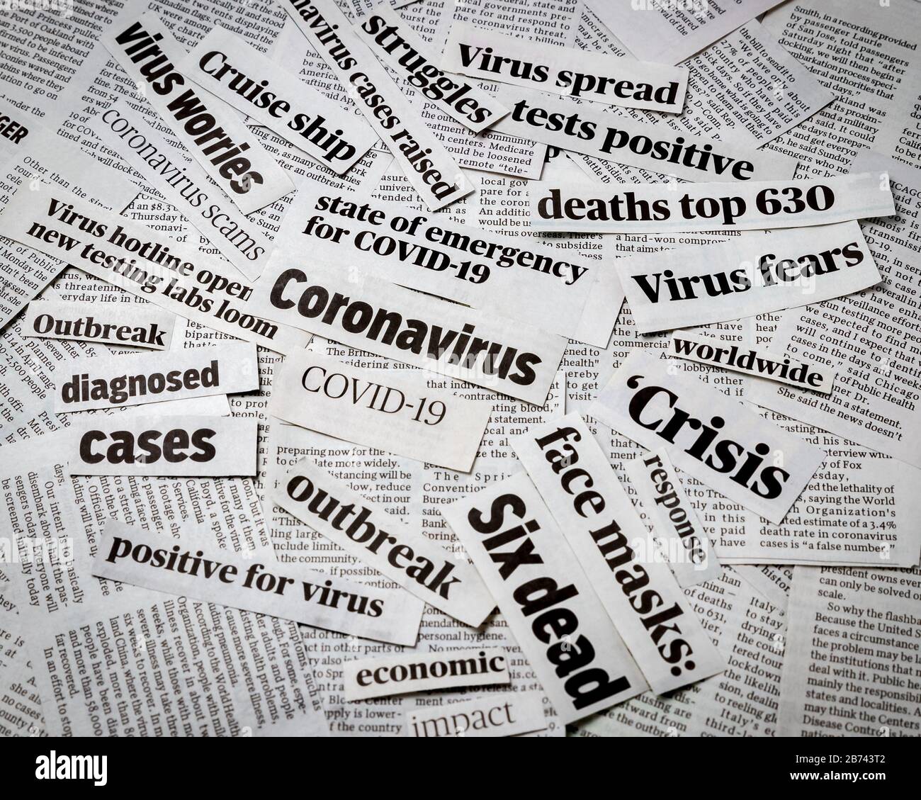 Coronavirus, covid-19 titoli dei giornali. Informazioni sui supporti di stampa isolate Foto Stock