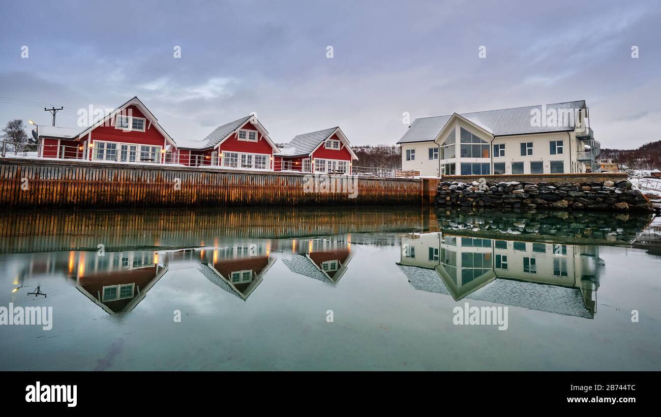 Nella foto è Senja, Norvegia in inverno, utilizzando una lunga esposizione del fiordo. Foto Stock