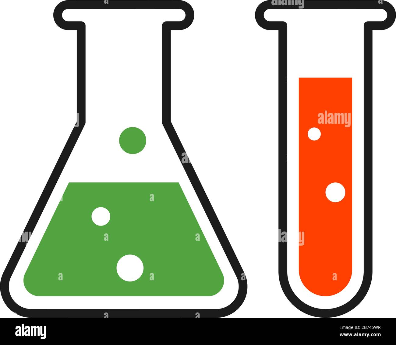 Becher per chimica con matraccio di Erlenmeyer e provetta che contiene sostanze chimiche colorate icona vettoriale di stile piatto per applicazioni scientifiche e siti web Illustrazione Vettoriale