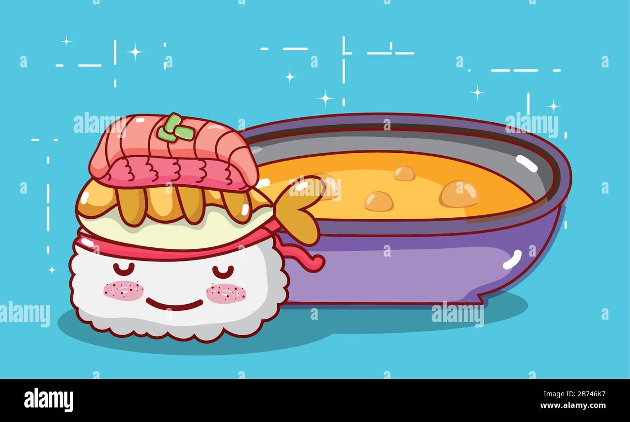 kawaii sushi tempura pesce e zuppa cibo giapponese cartoni animati illustrazione vettoriale sushi e rotoli Illustrazione Vettoriale