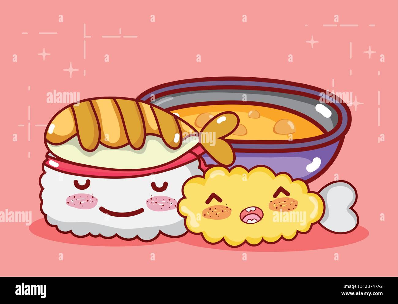 kawaii tempura rotolo di pesce e zuppa alimentare giapponese cartoni animati vettoriali illustrazione sushi e rotoli Illustrazione Vettoriale