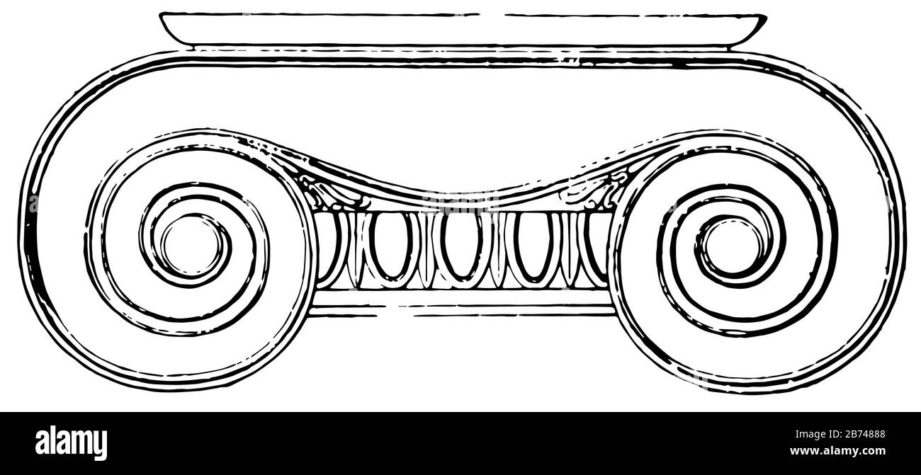 Ionic Capital, i voluti del suo capitale, il discorso teorico e pratico, un breve e oscuro passaggio in Vitruvius, vintage line drawing o e. Illustrazione Vettoriale