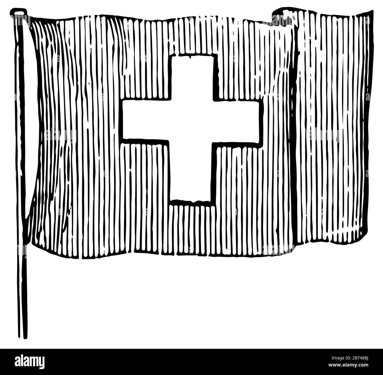 Bandiera della Svizzera, 1881, questa bandiera ha croce bianca al centro della bandiera e strisce verticali su tutta la bandiera, vintage linea disegno o incisione i. Illustrazione Vettoriale