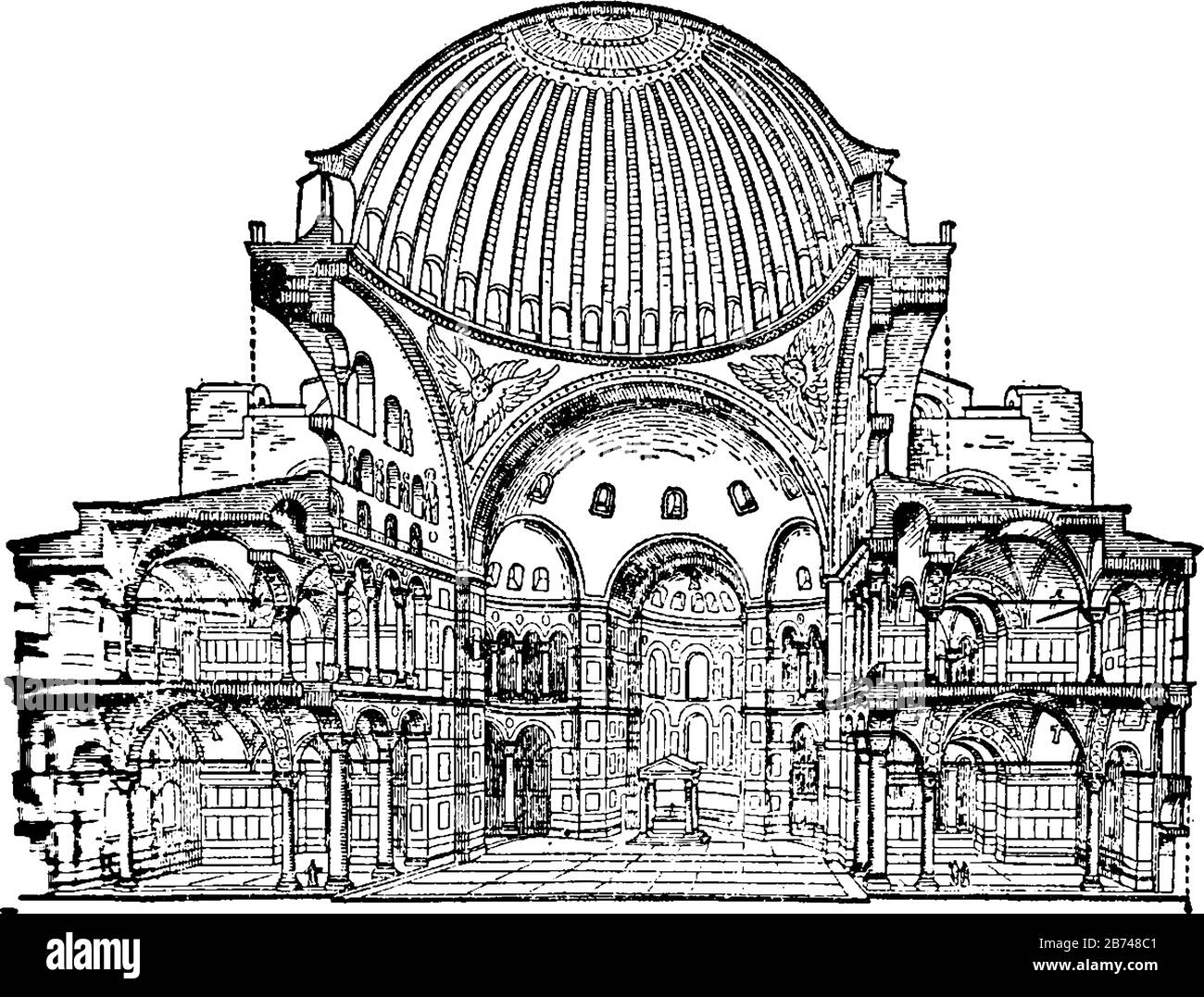 Santa Sofia, sezione trasversale, interni, monumento architettonico, Lista del Patrimonio Mondiale, complesso del Monastero di Kyiv, disegno o incisione a linee d'epoca Illustrazione Vettoriale
