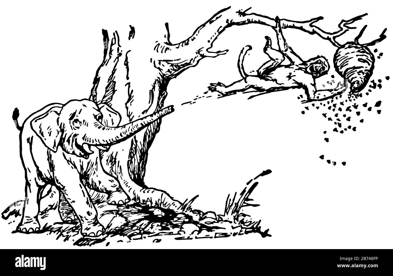 Elephant's Child, questa scena mostra una scimmia su ramo di albero cercando di ottenere miele da alveare, e un elefante salvando scimmia dalle api dal suo tronco, Illustrazione Vettoriale