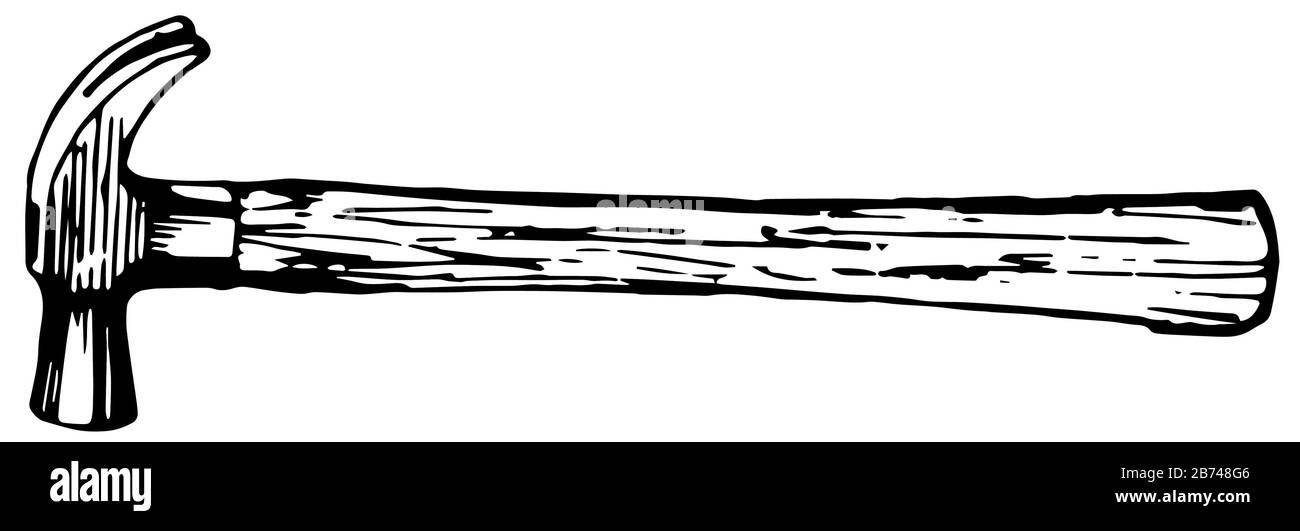 Questa illustrazione rappresenta il martello che è uno strumento o un dispositivo che fornisce un colpo, un disegno di linea vintage o un'illustrazione di incisione. Illustrazione Vettoriale