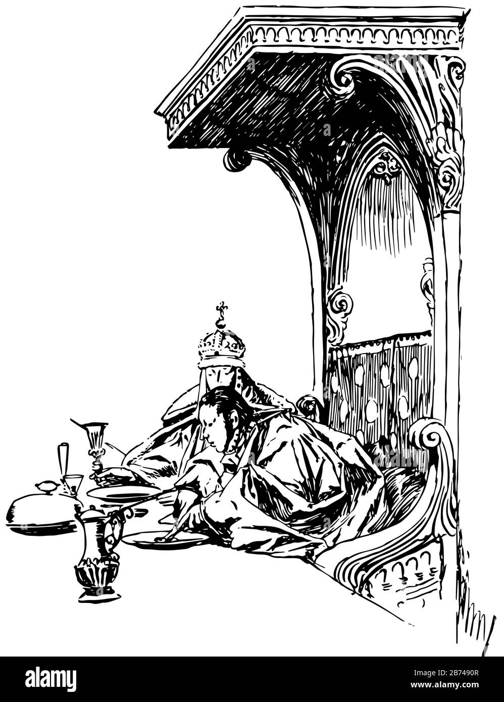 Destino Wills, questa scena mostra due uomini seduti sul divano e che hanno pasto, e piatto di cibo, bicchieri, vaso e ciotola tenuti sul tavolo di fronte a loro, vintage l Illustrazione Vettoriale