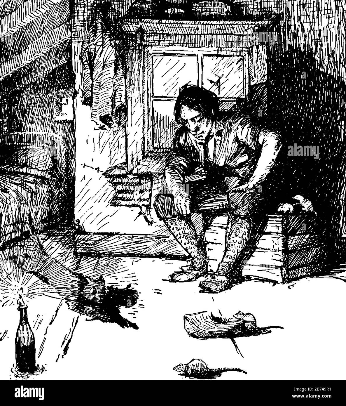 Un uomo seduto sul tavolo e guardando il gatto che salta verso il mouse, topi che camminano a terra, linea vintage disegno o incisione illustrazione Illustrazione Vettoriale