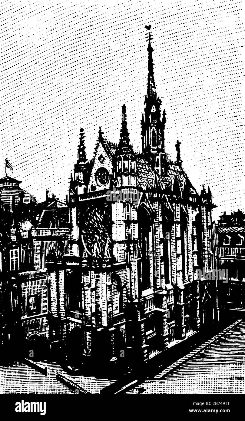 Sainte Chapelle, cattedrale, chiesa, pronuncia francese, Cappella Santa, lo stile gotico, linea d'epoca disegno o incisione illustrazione. Illustrazione Vettoriale