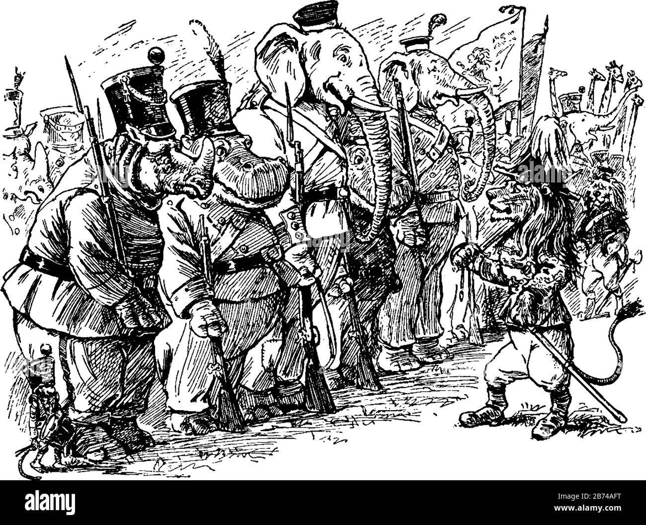 Il leone del re che dice qualcosa ad altri animali con pistole e bandiere in fila, disegno di linea d'epoca o illustrazione dell'incisione Illustrazione Vettoriale