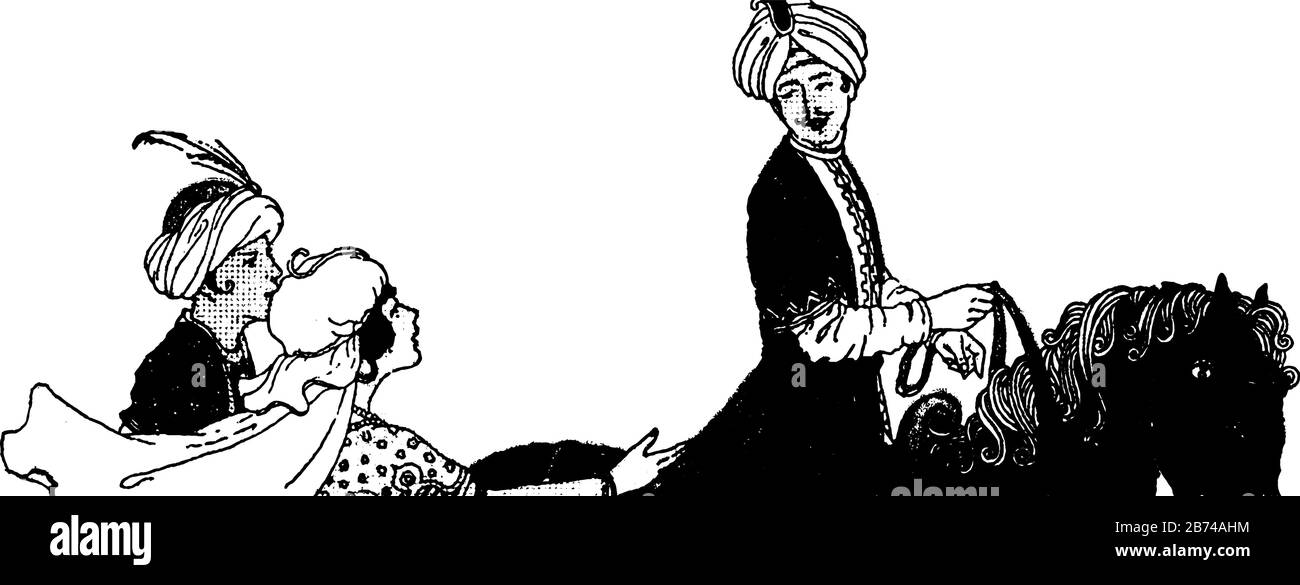 Un uomo a cavallo e due persone che parlano con lui, linea d'epoca disegno o incisione illustrazione Illustrazione Vettoriale Un uomo a cavallo e due persone che parlano con lui, linea d'epoca disegno o incisione illustrazione Illustrazione Vettoriale