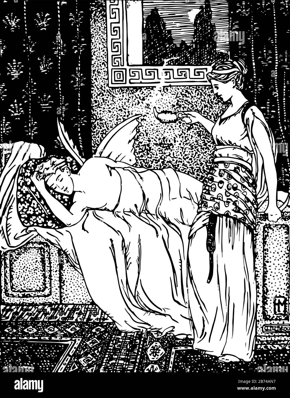 Cupid e Psiche, questa scena mostra Cupid dormire a letto e la sua anima gemella in piedi vicino a letto tenendo qualcosa in mano, vintage linea disegno o incisione Illustrazione Vettoriale
