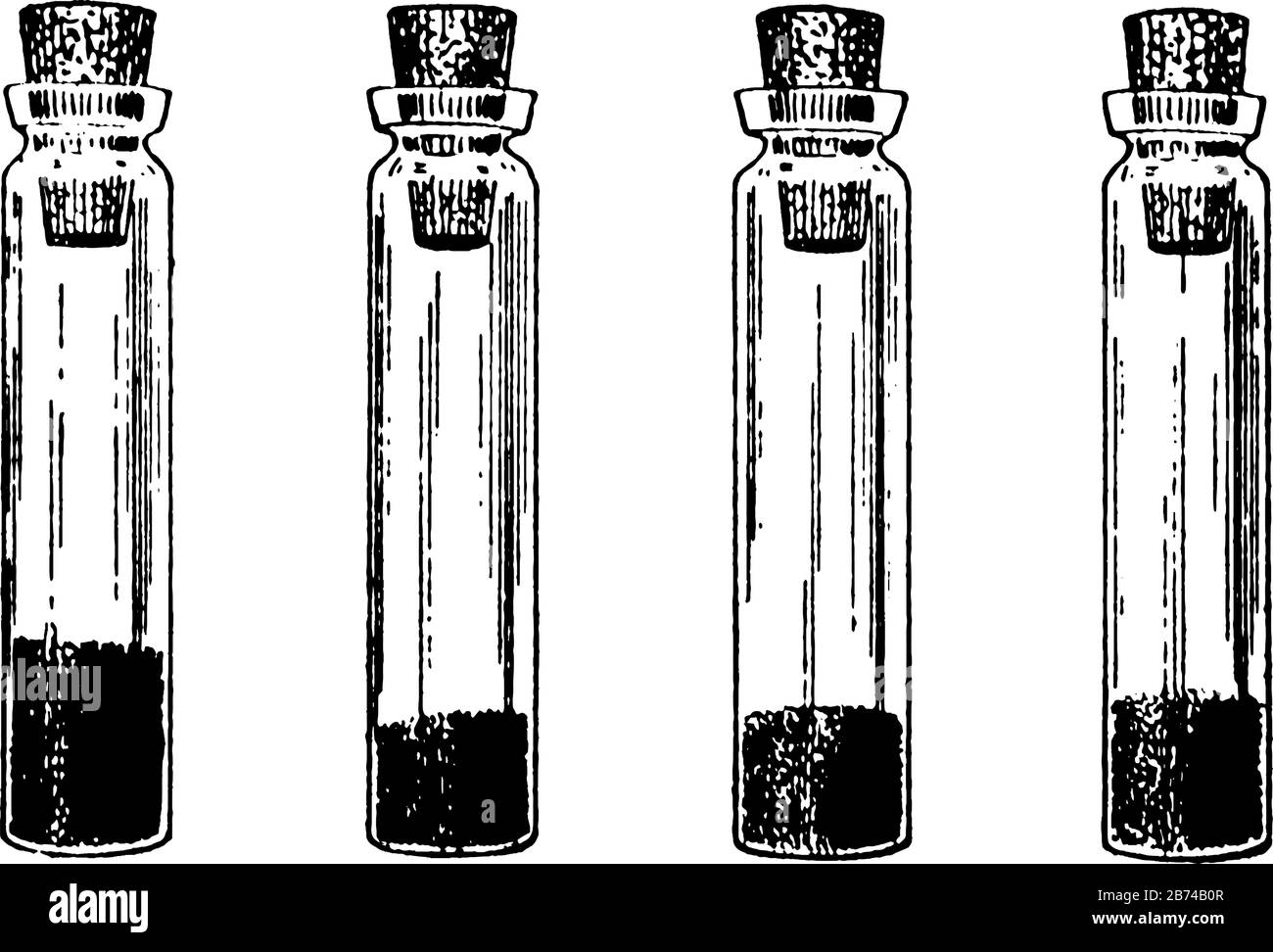 Un flaconcino di circa un terzo pieno di sostanza granulare scura con tappo di sughero Illustrazione Vettoriale