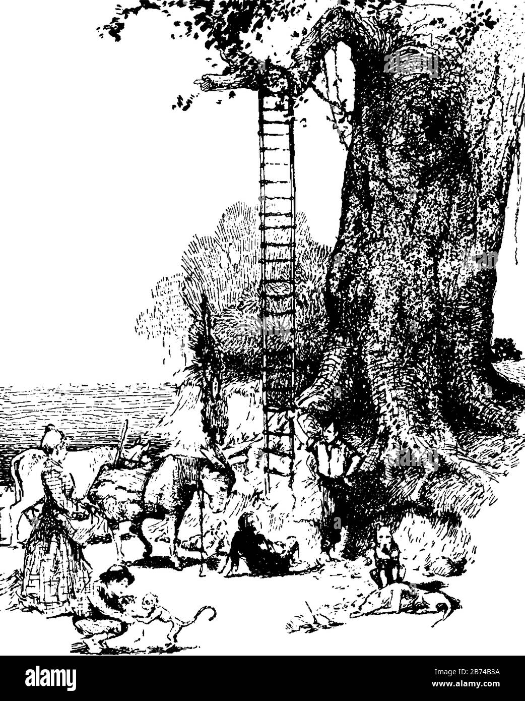 Scala tenuta sull'albero e l'uomo cadde a terra, persone e animali intorno all'albero, disegno di linea vintage o illustrazione dell'incisione Illustrazione Vettoriale