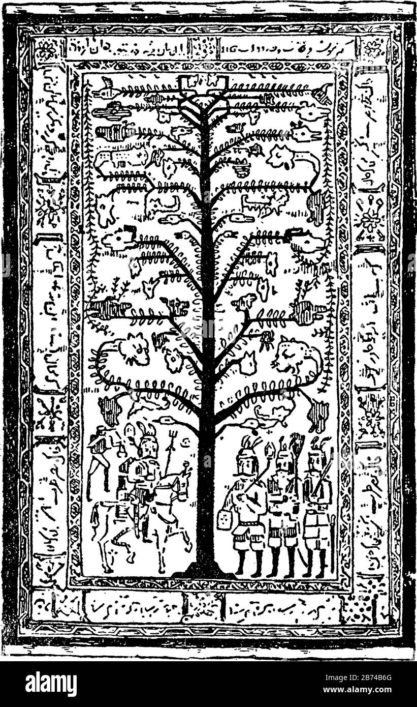 Kerman Rug è un albero rappresentativo della vita e del conflitto tra male e bene, sono una delle classificazioni tradizionali dei tappeti persiani, Illustrazione Vettoriale