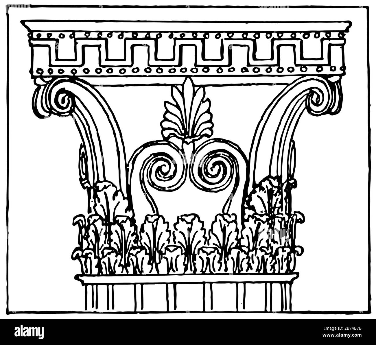 Capitale di Corinzia da Bassae, sviluppato, i tre principali ordini classici, l'ordine dorico, capitale è stato trovato a Bassae, linea d'epoca disegno Illustrazione Vettoriale