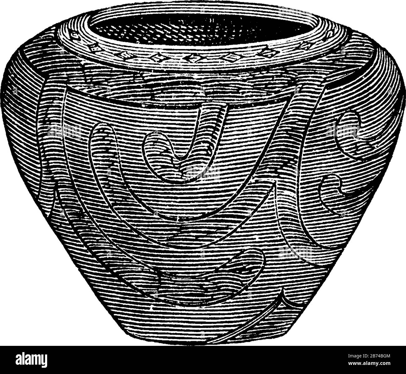 Vaso trovato nelle aree dei costruttori di tumulo, disegno linea vintage o illustrazione incisione. Illustrazione Vettoriale