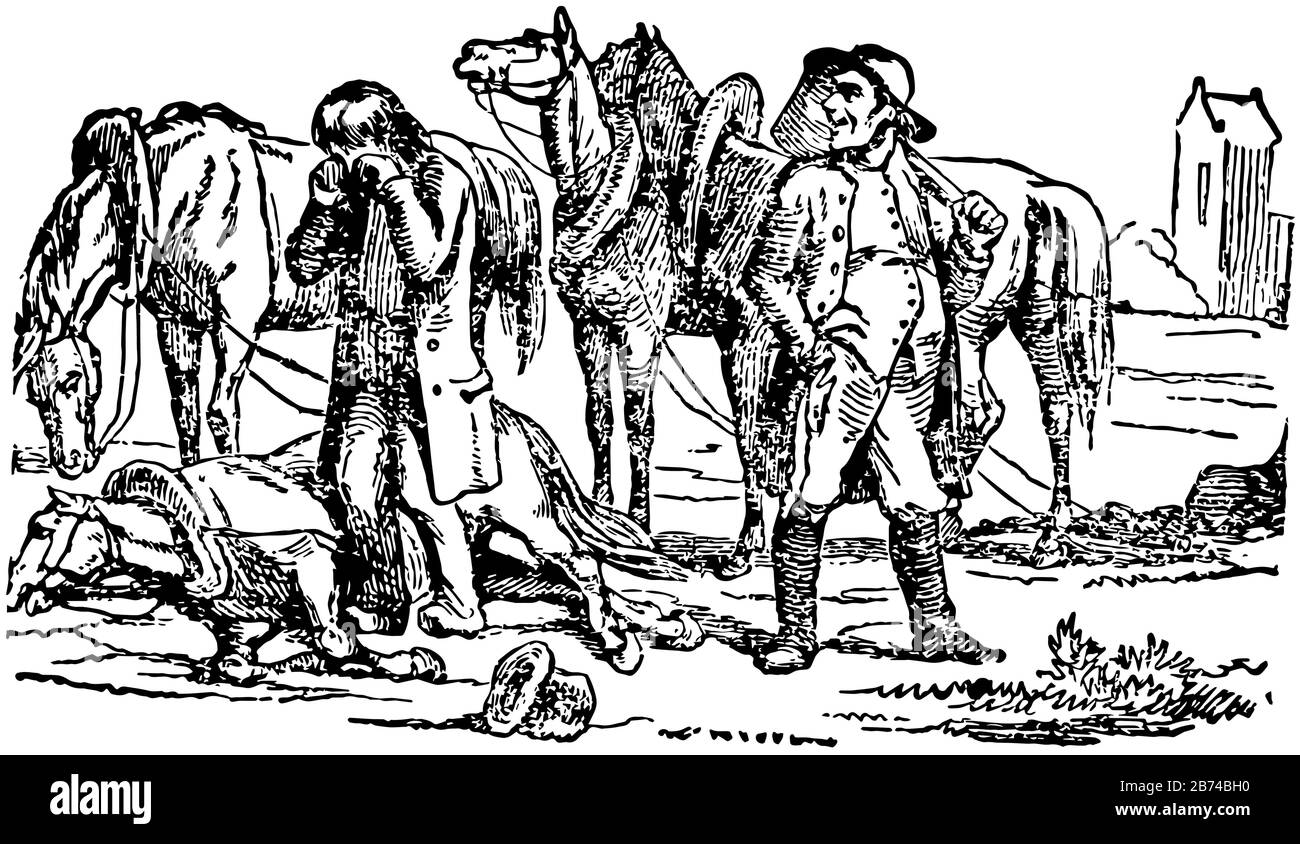 Little Claus e Big Claus, questa scena mostra due uomini in piedi vicino a quattro cavalli, un cammello è caduto a terra e un uomo sta piangendo, linea d'epoca drawin Illustrazione Vettoriale