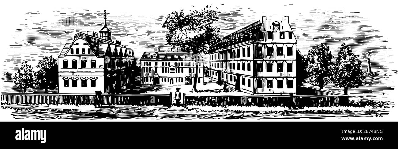 Harvard College, facoltà umanistiche dell'Università di Harvard, disegno di linea vintage o illustrazione dell'incisione. Illustrazione Vettoriale