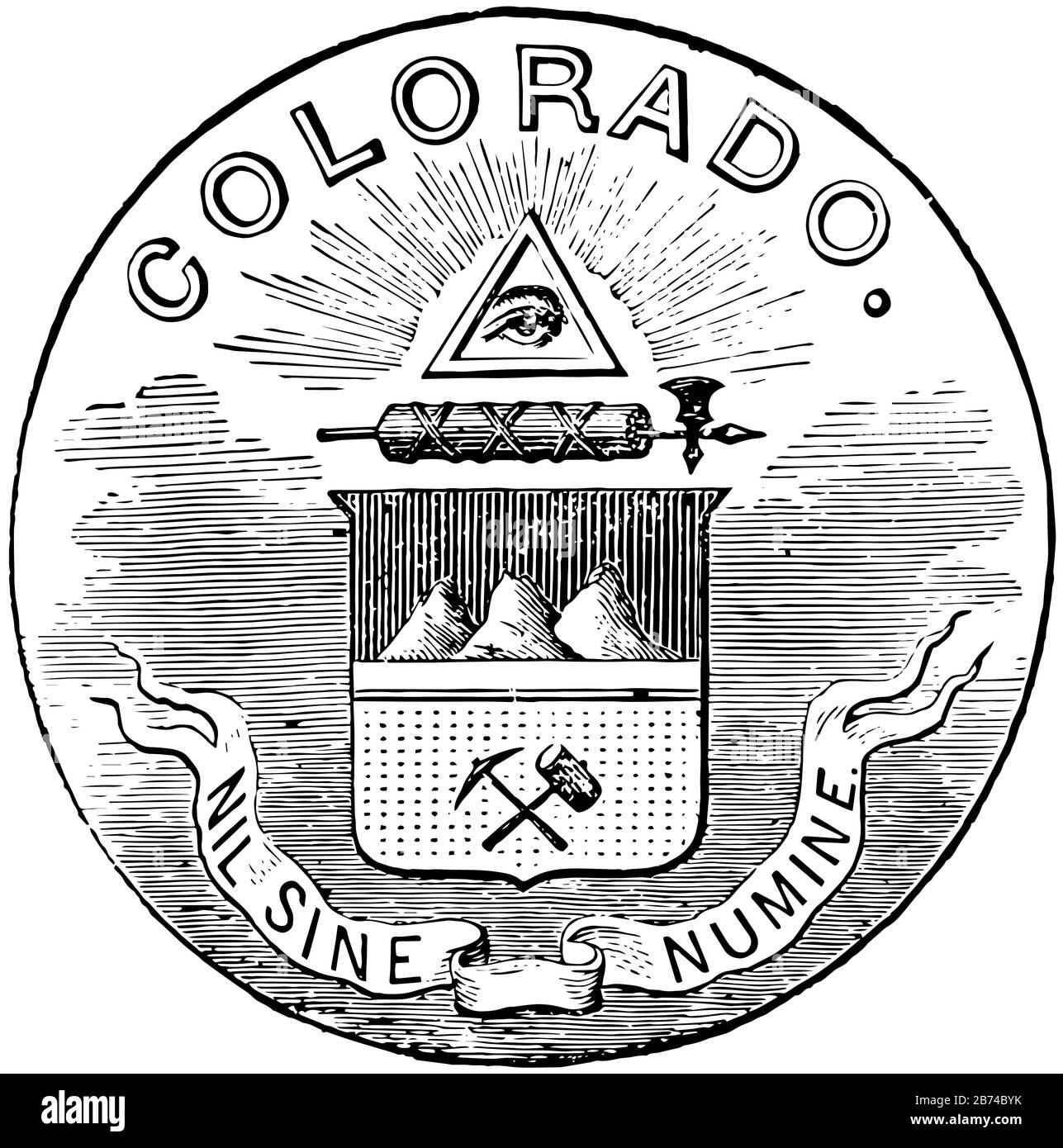 Il sigillo ufficiale dello stato statunitense del Colorado nel 1889, questo sigillo ha l'occhio della provvidenza in cima al triangolo, sotto quella asta con un'ascia da battaglia Illustrazione Vettoriale
