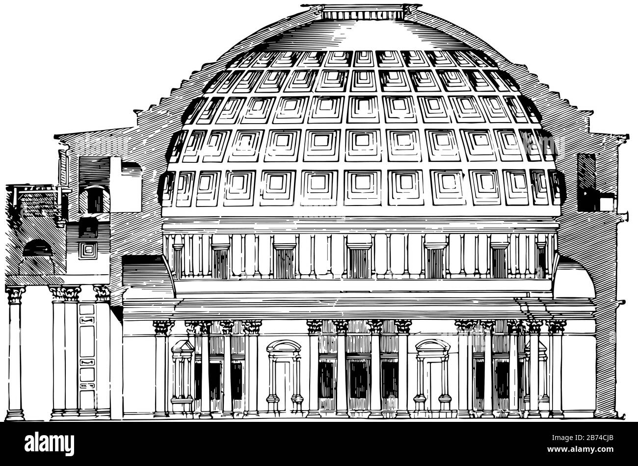Pantheon, il monumento più bello di questo tempo è il Pantheon, uno dei più grandi edifici, il mondo antico, il Tempio o come una sala annessa, linea d'epoca Illustrazione Vettoriale