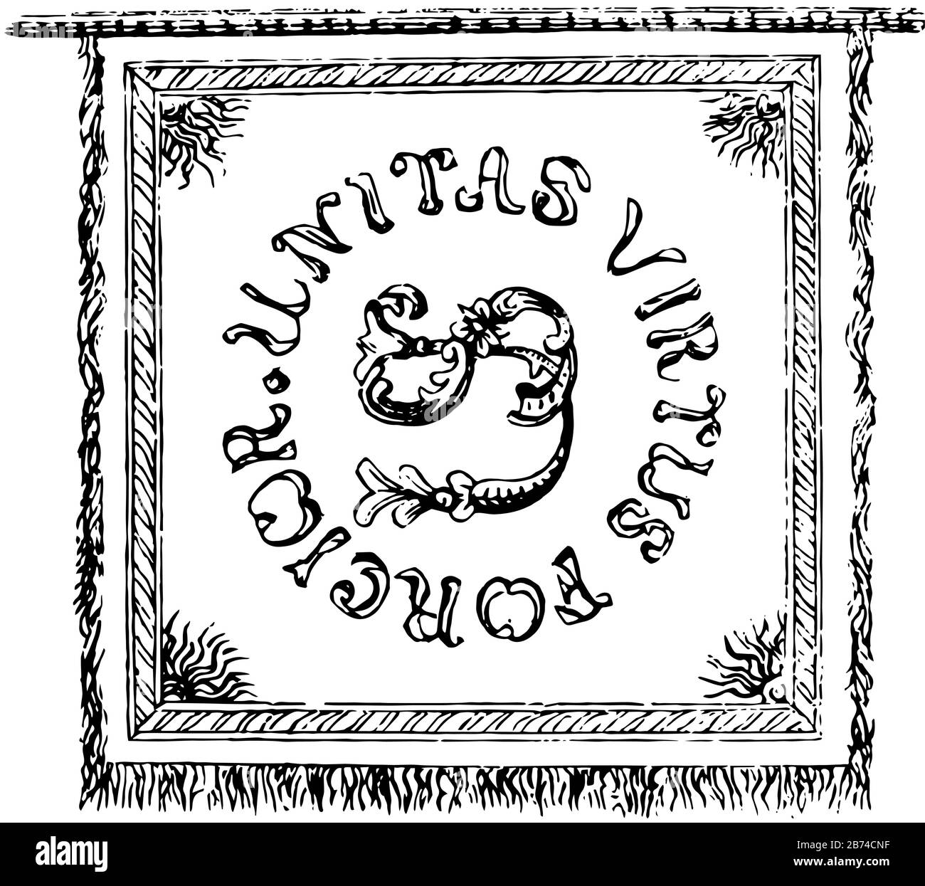 Pulaski's Banner front, questo banner ha la parola degli Stati Uniti al centro, UNITA VIRTUS FORCIOR è scritto intorno a parole in cerchio, vintage linea disegno o incisione Illustrazione Vettoriale