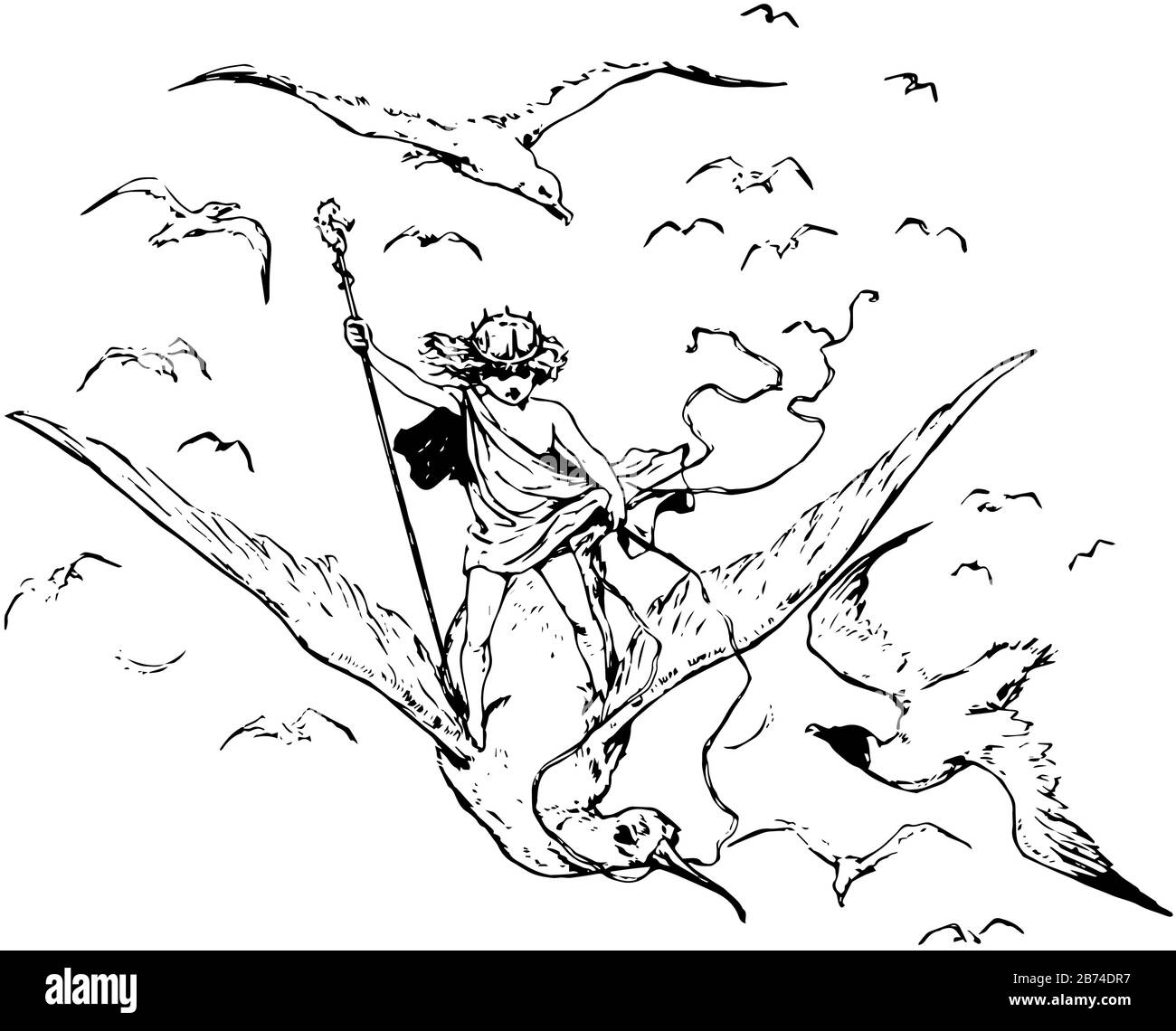 Un ragazzo che cavalca un uccello gabbiano con un bastone in mano e uccelli volanti, disegno linea vintage o illustrazione dell'incisione Illustrazione Vettoriale
