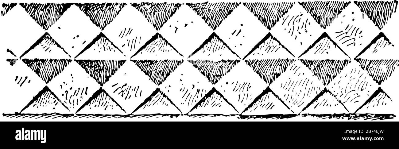 Stampaggio reticolato ornato con un aspetto di raccordo, rete o mesh, stampaggio orizzontale, disegno a linea vintage o illustrazione dell'incisione. Illustrazione Vettoriale