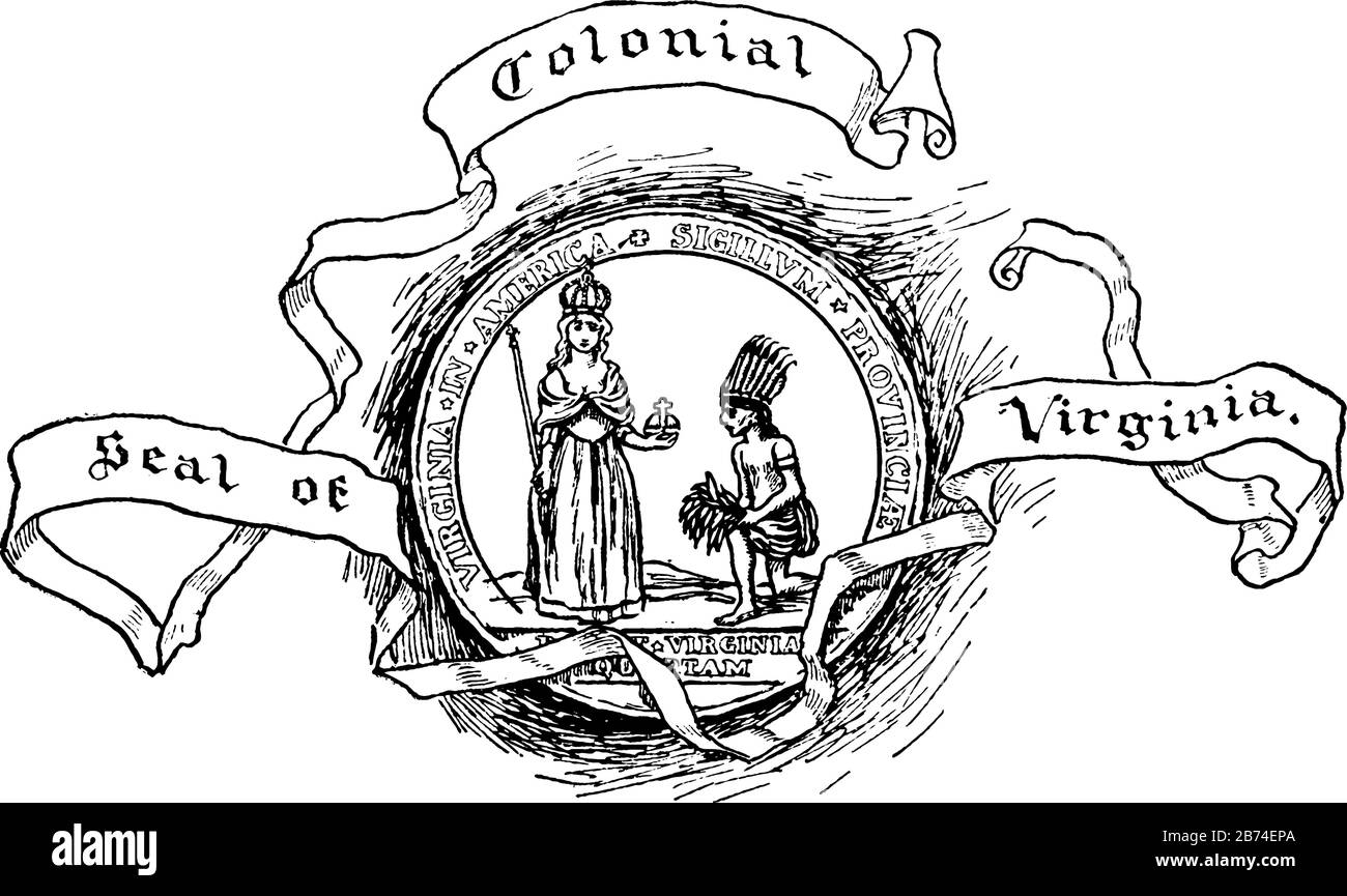 Il Sigillo coloniale della Virginia, dea romana tiene una bacchetta di dono magico e offre questo ad un uomo che ha foglie di albero in mano, linea vintage Illustrazione Vettoriale