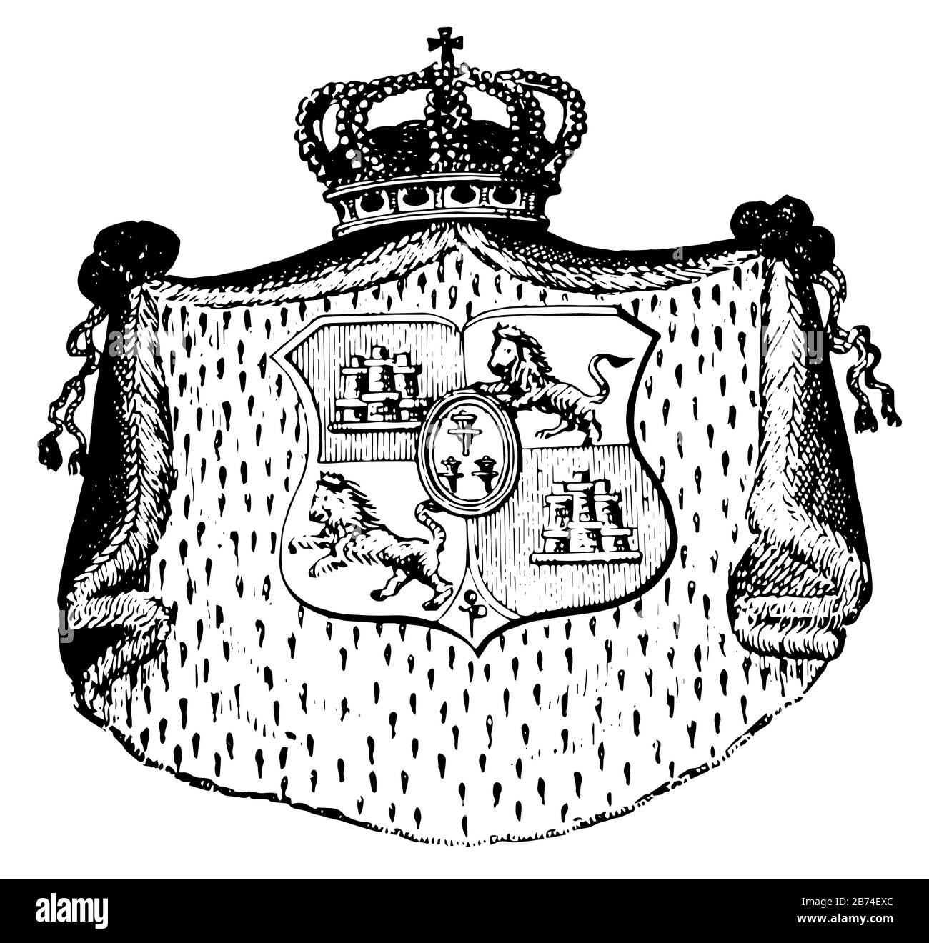 Lo stemma spagnolo simboleggia il paese e la nazione, il disegno di linea d'epoca o l'illustrazione dell'incisione. Illustrazione Vettoriale