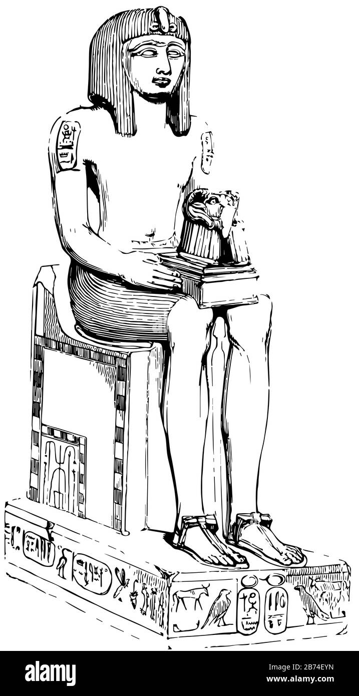 Statua egiziana in basalto nero nel British Museum, disegno d'epoca o illustrazione dell'incisione. Illustrazione Vettoriale