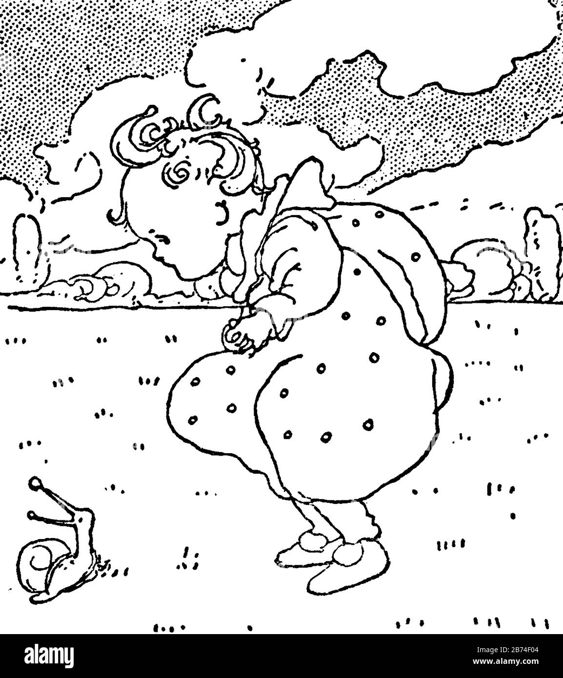 Bambino e lumaca hanno una scena dalla storia, disegno di linea vintage o illustrazione di incisione. Illustrazione Vettoriale Bambino e lumaca hanno una scena dalla storia, disegno di linea vintage o illustrazione di incisione. Illustrazione Vettoriale