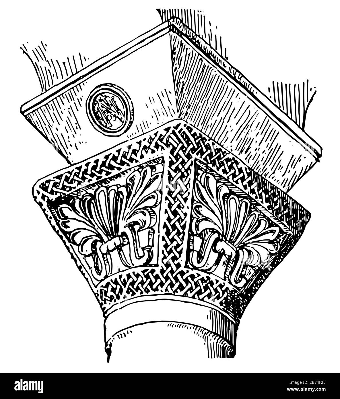 Cap Impost, San vitale, interposta, primavera, volta, Bisanzio, disegno a linea d'epoca o illustrazione dell'incisione. Illustrazione Vettoriale