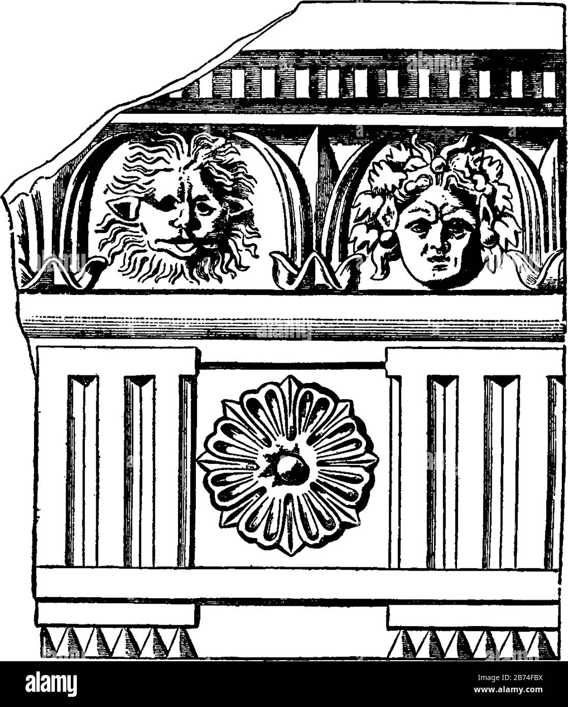 Fregio romano-dorico, triglichi in ordine dorico, la cella di un tempio greco, applicato ad una vasta banda di scultura, disegno a linea d'epoca o incisione Illustrazione Vettoriale