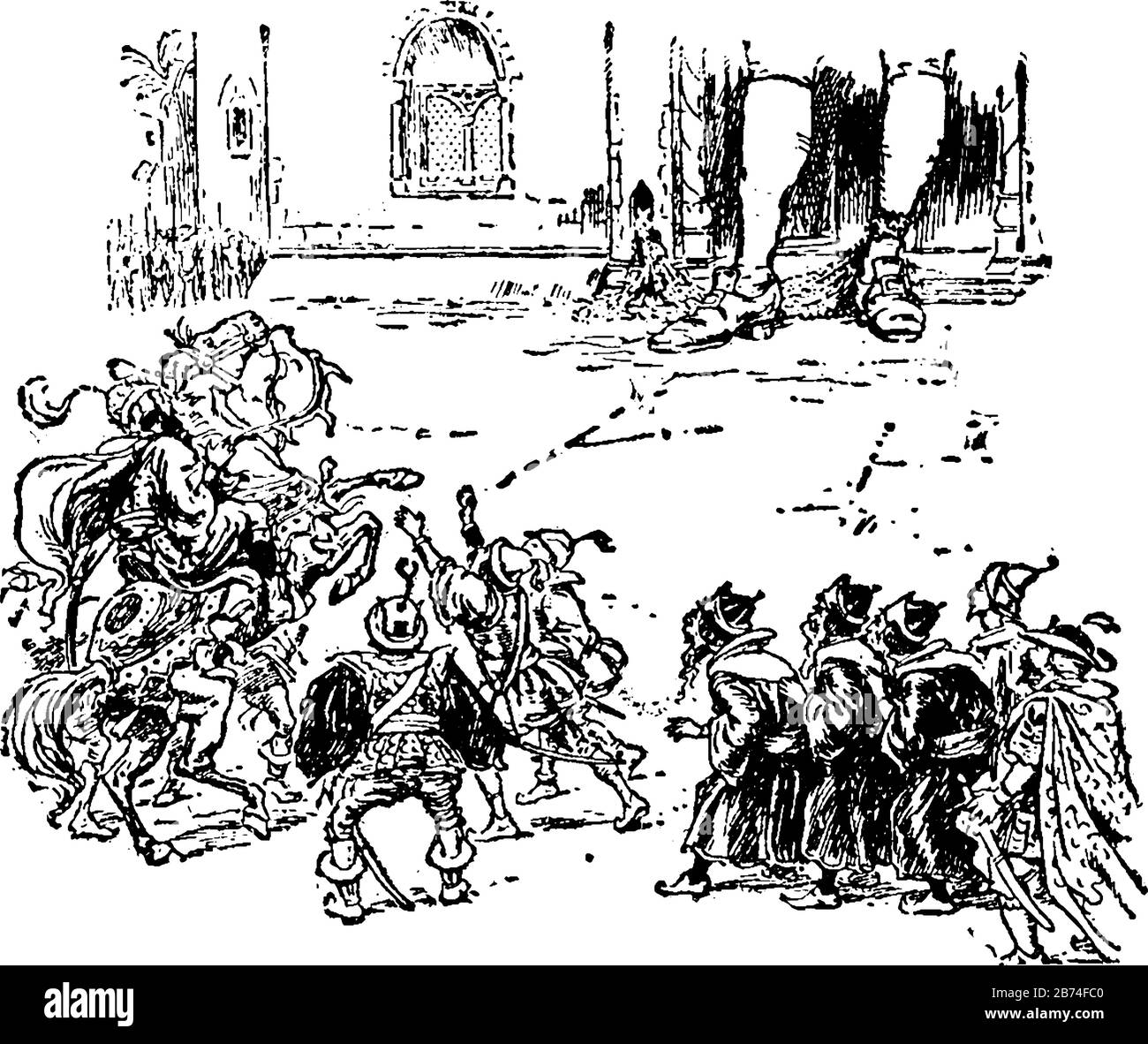 Visite dell'Imperatore, questa scena mostra l'imperatore cavallo a cavallo verso casa e soldati dietro di lui, linea d'epoca disegno o incisione illustrazione Illustrazione Vettoriale