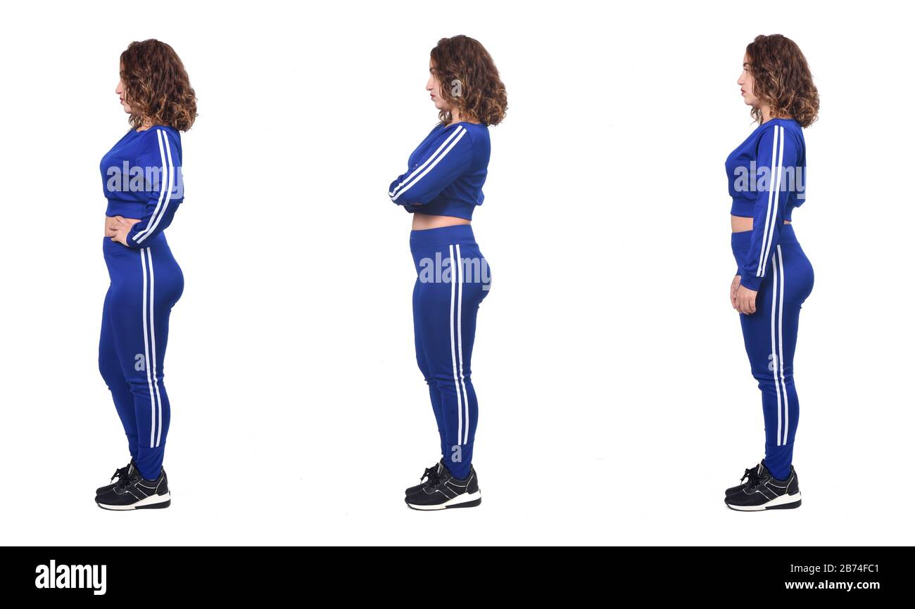 varie pose di una donna in profilo su sfondo bianco Foto Stock