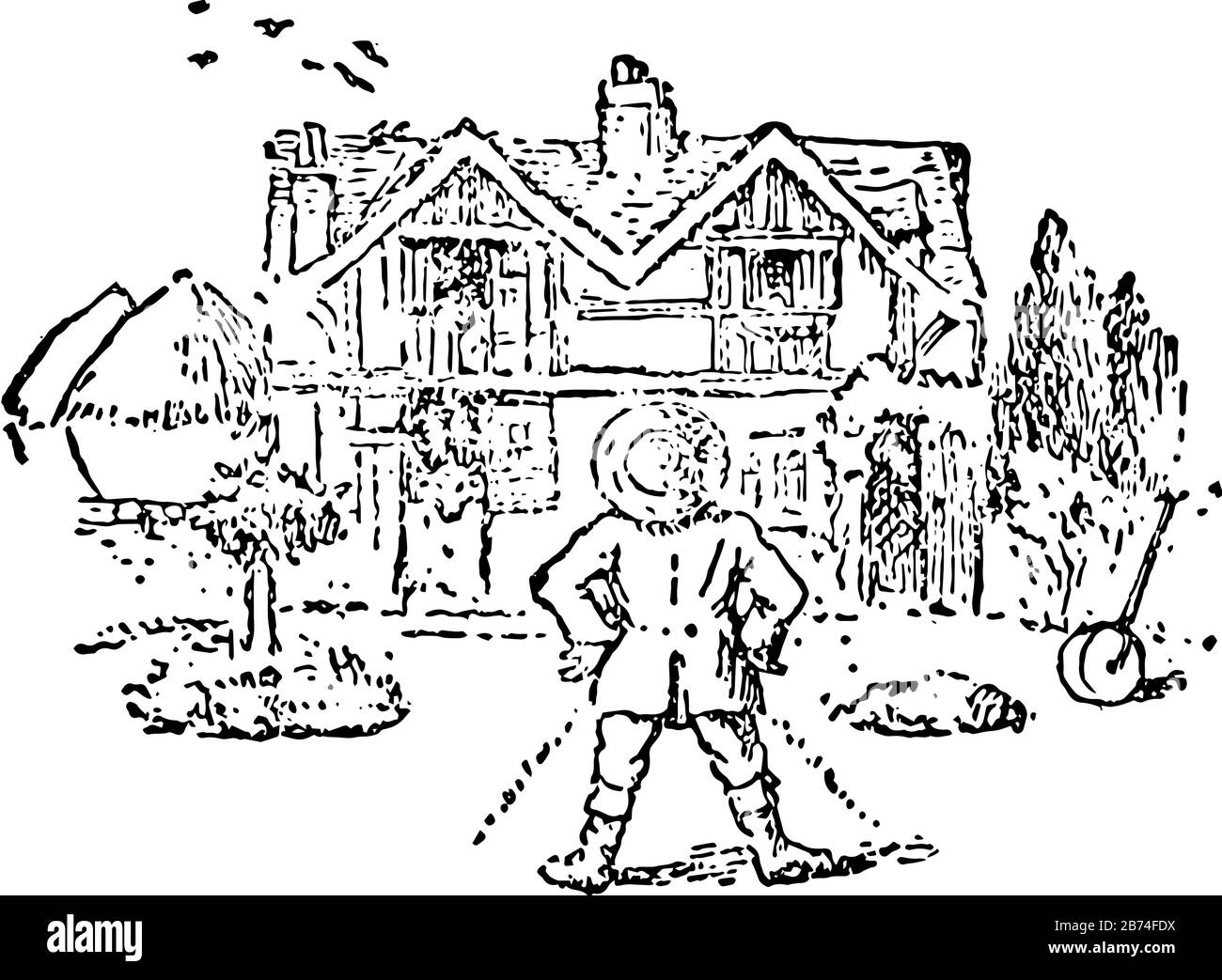 Casa che Jack ha costruito, questa scena mostra un uomo con cappello sulla sua testa in piedi di fronte a casa e guardando una casa, linea d'epoca disegno o incisione Illustrazione Vettoriale