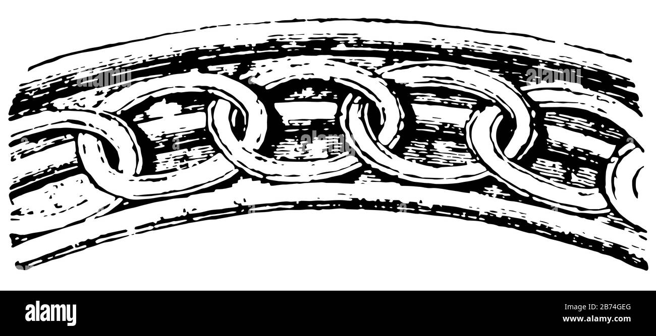 Lo Stampaggio a catena è un ornamento del periodo normanno, impegnativo e tecnicamente, contemporaneo o transitorio, disegno linea vintage o incisione illus Illustrazione Vettoriale