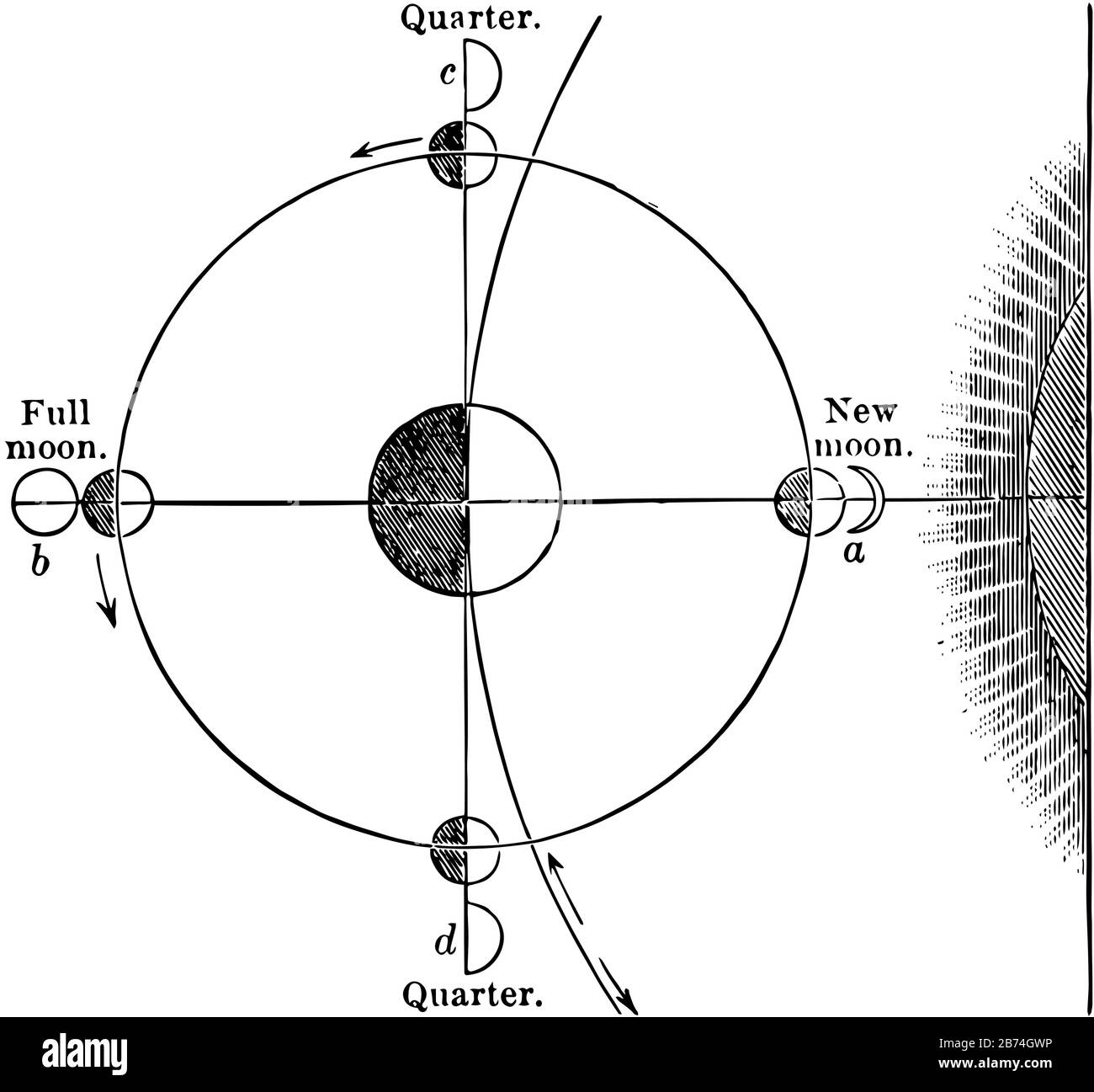 Le fasi della luna non sono causate dall'ombra della Terra che cade sulla luna, dal disegno di linee vintage o dall'illustrazione dell'incisione. Illustrazione Vettoriale