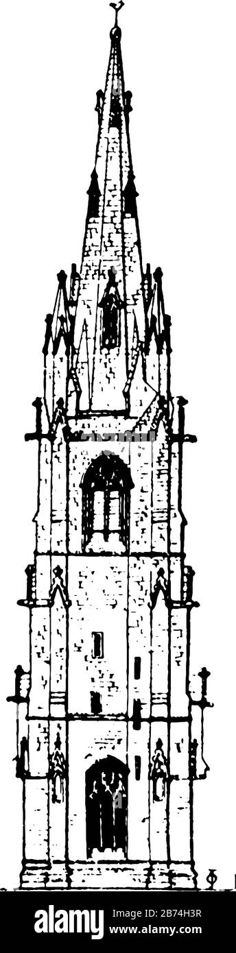 La guglia è un campanile che diminuisce man mano che sale, la respirazione in aggiunta all'attività quotidiana, dedicata a fornire il massimo livello, linea vintage dr Illustrazione Vettoriale