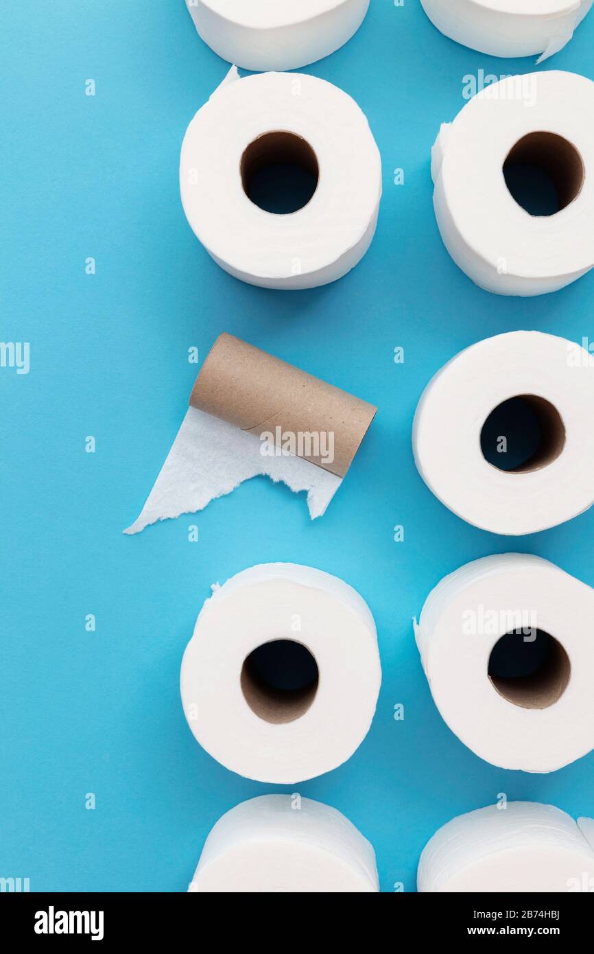 Svuotare il rotolo di carta igienica usata accanto a un rotolo completo di carta igienica Foto Stock