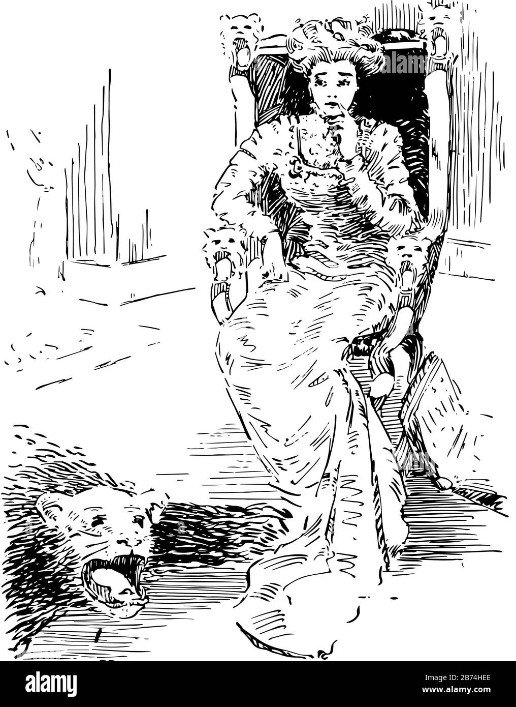 Moderna Belle, questa foto mostra una femmina seduta su sedia e un animale faccia a terra, vintage linea disegno o incisione illustrazione Illustrazione Vettoriale