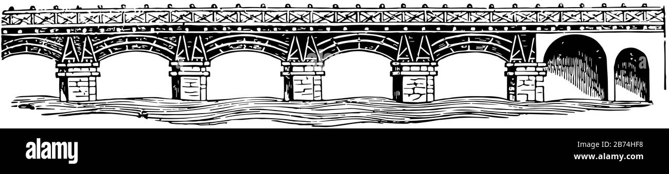 Pons Trajan, l'arco a loro noto solo in misura limitata, una piattaforma di legno sostenuta su pieri di pietra ad ogni estremità, l'arco alla costruzione Illustrazione Vettoriale