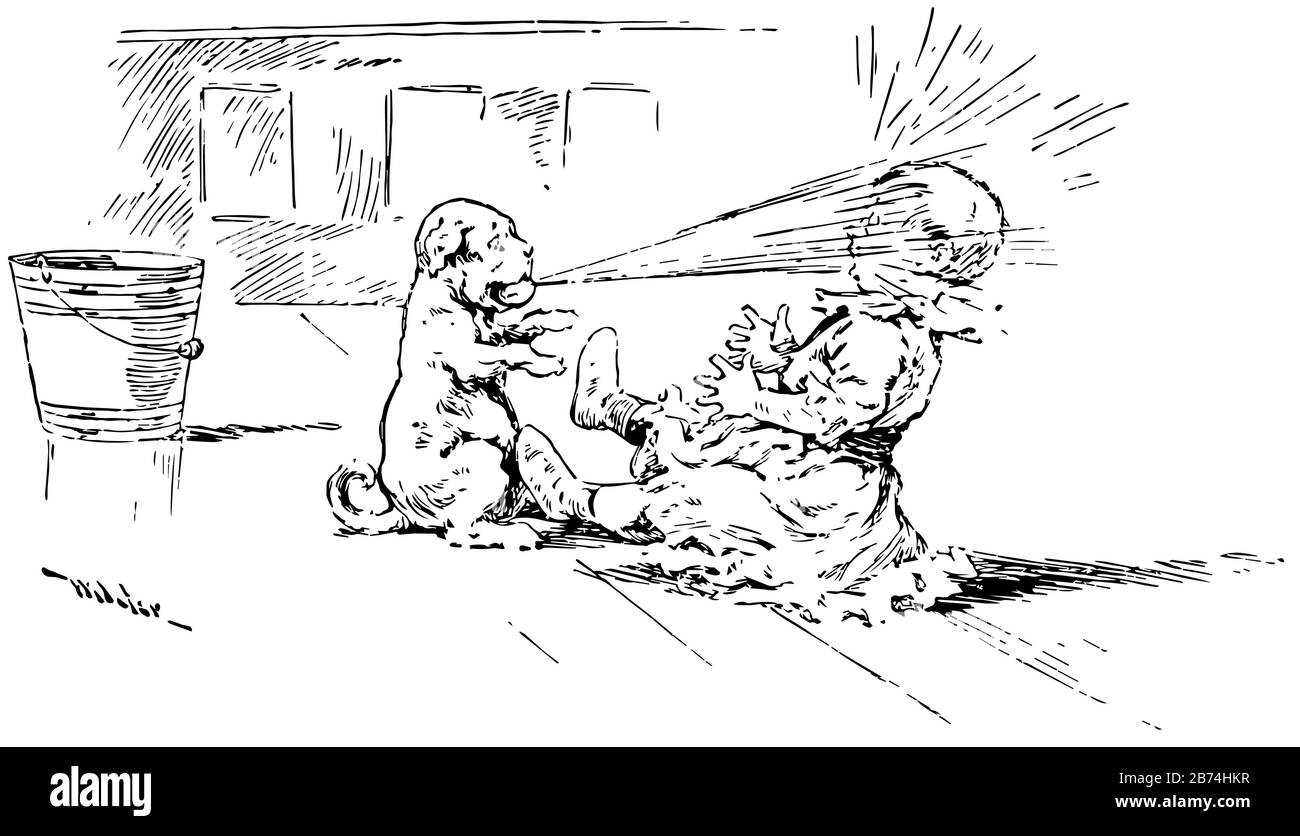 Fetch giocare con un cane e un bambino, linea vintage disegno o incisione illustrazione. Illustrazione Vettoriale