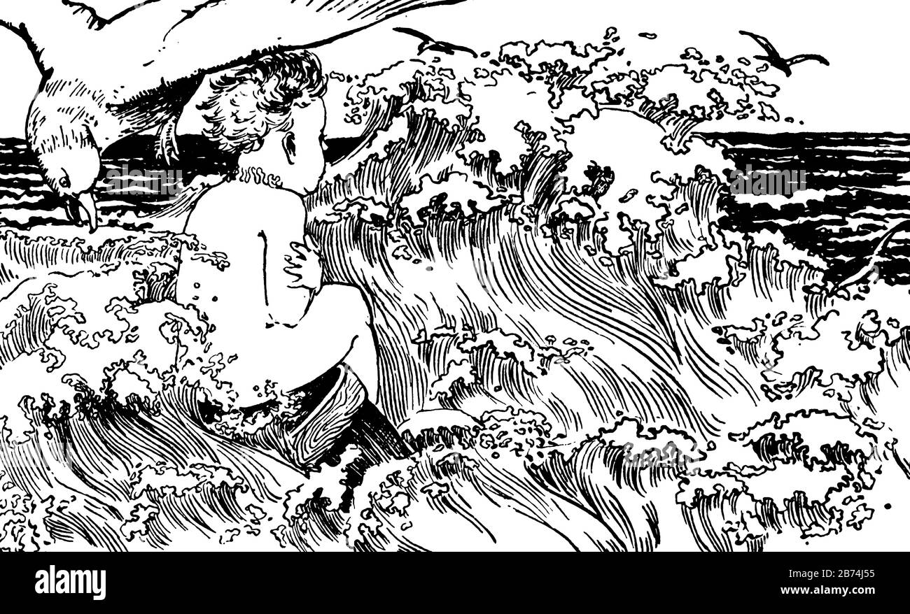 Un bambino sopra l'acqua nel mare e uccelli volanti, disegno linea vintage o illustrazione incisione Illustrazione Vettoriale