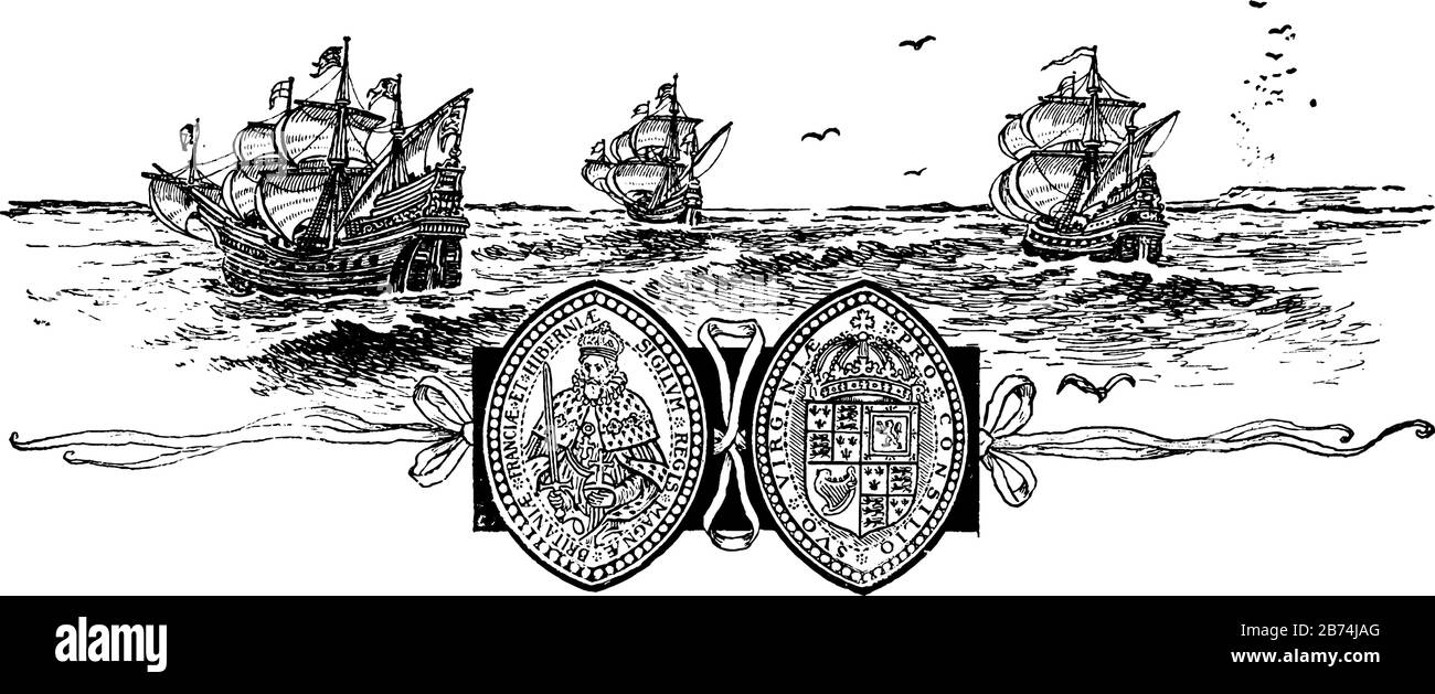 Il sigillo della Virginia Company, questo sigillo mostra due forme ovali uno è con re un altro ha scudo interno e corona, navi a vela in background e. Illustrazione Vettoriale